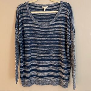 Eileen Fisher Organic Linen Cotton Blue Striped Knit Sweater L